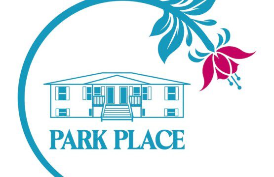 Park Place logo featuring a teal outline of a duplex-style home inside a curved floral design with a pink flower accent and the words “Park Place” below.